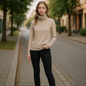 VKOO Womens Cashmere Sheer Turtleneck Beige Tan Medium